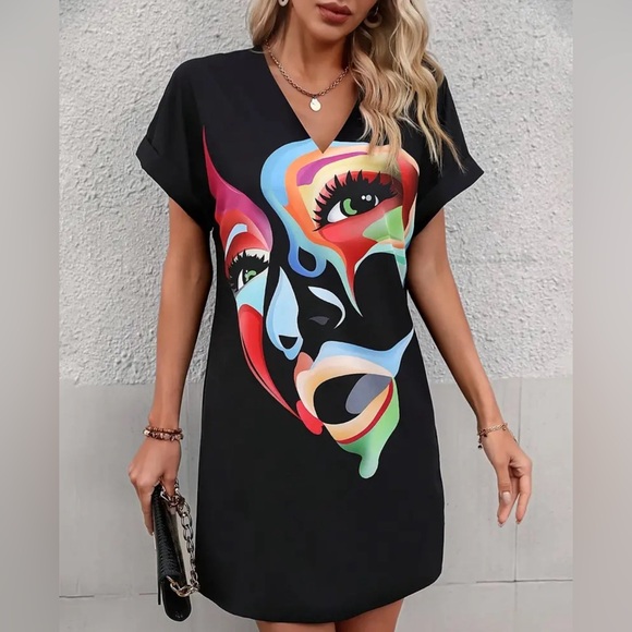 Abstract Print V Neck Loose Dress, Casual Short Sleeve Dress For Spring & Summer - Picture 3 of 6